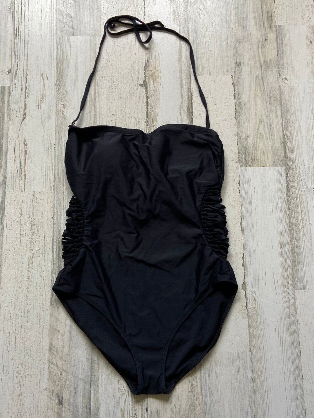 attention Size Large Black One Piece Swimsuit Sheer Sides Tie Neck
